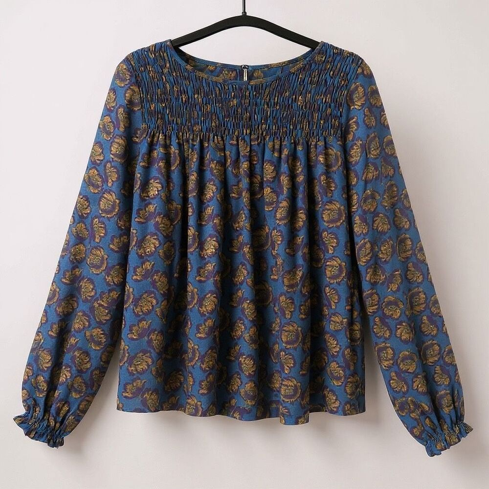 LOFT XS Floral Smocked Blouse Blue Mustard Purple Yoke Keyhole EUC Flowy Fall